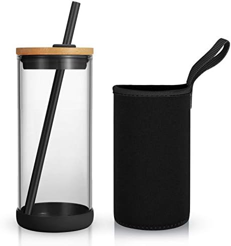 טרונקו כוס קפה קרוס כוס זכוכית עם מכסה קש ומבמבוק | כוס שייק לשימוש חוזר בפה רחב עם שרוול קש ומבודד